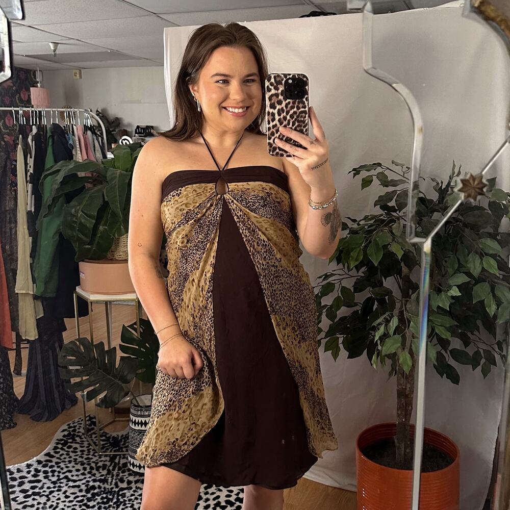 Y2k Laundry By Shelli Segal Leopard Print Halter Mini Dress Brown Size 12